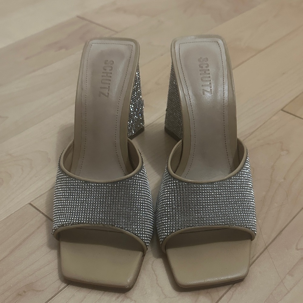 SCHUTZ Metallic Silver and Tan Mules
